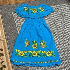 New Mexican Blue Floral Embroidered Kids Dress